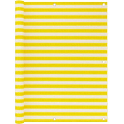 Paravent de balcon à rayures jaunes et blanches, mesurant 120x500 cm, en polyéthylène haute densité (PEHD). (1/5)