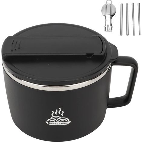 Bol à Nouilles pou Mico-ondes, Bol à amen avec Baguettes et Cuillèe, Bol à Nouilles en Acie Inoxydable 304 de 1200 Ml, Bol à Soupe Potable, Bol à amen avec Couvecle pou Bueau,(Noi) (1/4)