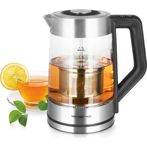 Bouilloire en verre avec sélection de température [50708090100 °C], bouilloire manuelle en acier inoxydable amovible, verre borosilicate, volume 1,7 l, 2200 W, argent (1/5)