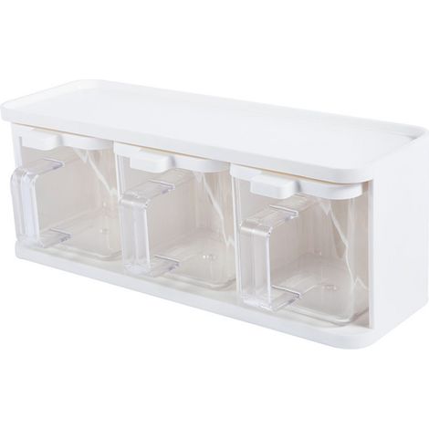 Transparente Gewürzbox mit 3 Fächern, Griff und Löffel für Salz, Zucker und Gewürze (1/5)
