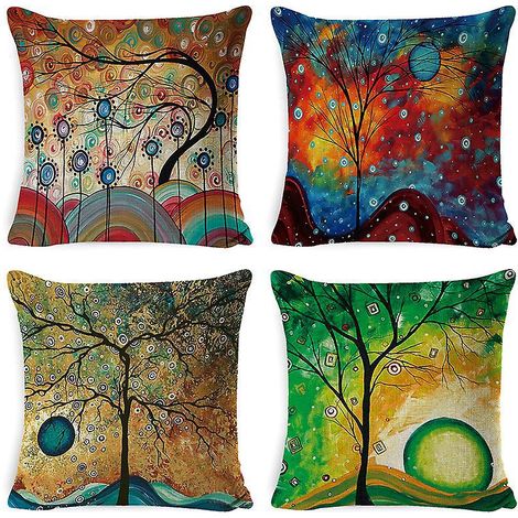 taie D'oreiller, Lot De 4-45 X 45 Cm (arbre Abstrait Peinture  L'huile) En Coton Et Lin Housse De Coussin Carr Pour Lit Voiture De La Maison Canap (1/5)
