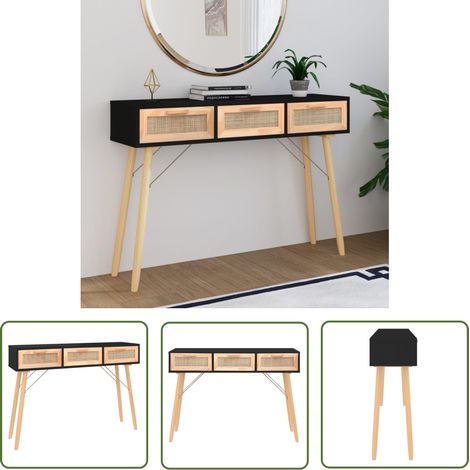 The Living Store Konsolentisch Schwarz 105x30x75cm Massivholz Natur-Rattan - Konsolentisch - Wohnzimmermöbel - Skandinavisches Design - Holzmöbel - Sideboard (1/5)