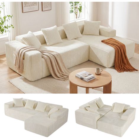 Canapé d'angle compressé 3 places velours côtelé Beige,Canapé modulaire,Assises profondes,Chaise longue droite,Sans assemblage,261x156x80cm (1/5)
