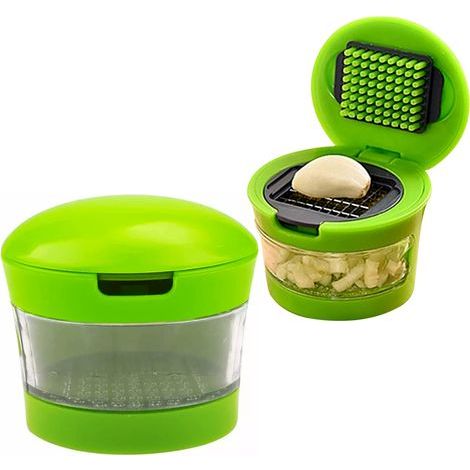 Juego de prensa y picadora de ajos, picadora de ajos para picar y cortar dientes con recipiente de almacenamiento, cortadora de ajos de silicona con cuchillas de acero inoxidable, apta para lavavajill (1/5)