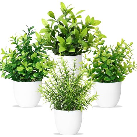 Plantes Artificielles avec Pot Petite Plante en Pot 4 PCS Plante Artificielle Plante Verte Plante Plastique Décor Intérieur pour Bureau Maison Balcon Salon Salle de Bain (4, Pot Blanc) (1/5)