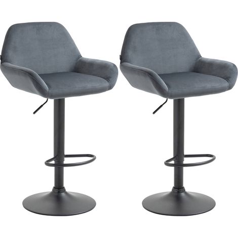 Juego de 2 taburetes de bar con reposapiés en forma de arco de metal negro, asiento de terciopelo gris oscuro 100004034