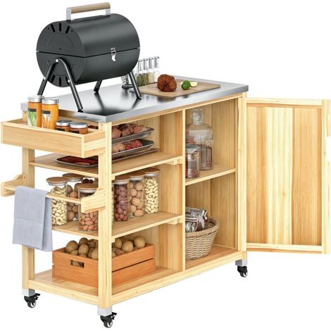 Îlot de cuisine d'extérieur, chariot de barbecue avec placard et étagères, chariot de cuisine en bois et acier inoxydable, sur roulettes, bois naturel (1/5)