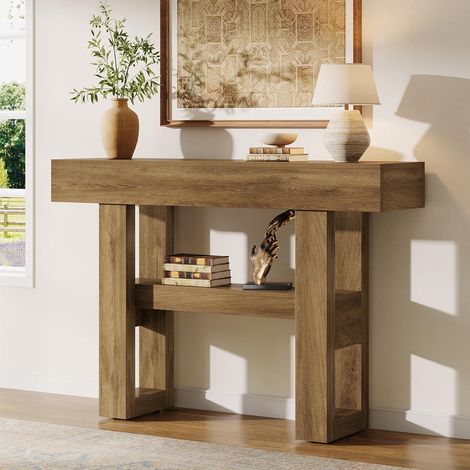 Tribesigns Console 105 cm, table d'entrée rustique avec rangement à 2 niveaux, meuble étroit pour hall d'entrée, salon, couloir, marron clair (1/5)
