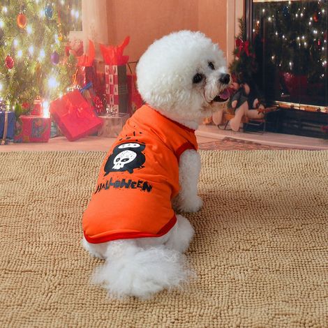 Gilet orange en polyester doux à motif de crâne, idéal pour Halloween, pour chien ou chat. Déguisement d'Halloween pour chien ou chat. Motif tête de mort. (1/5)