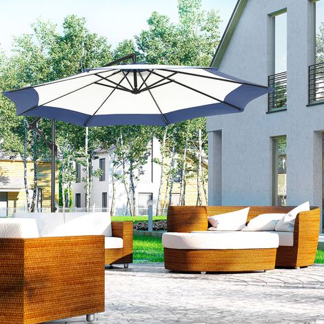 Parasol de jardin 3 x 2 m avec pied en croix. Ouverture à manivelle et aération. Parasol de terrasse décentré en métal et polyester. Bleu foncé et crème. (1/5)
