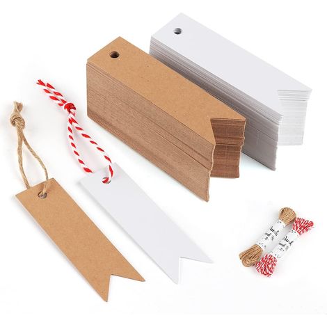 200pièces Carte Kraft Étiquette de 7  2cm Blanc &amp Brun Étiquettes Cadeaux avec jute naturel 20M et Ficelle de Coton Rouge pour Les Cadeaux de Mariage et Travaux Manuels de Fête (1/5)
