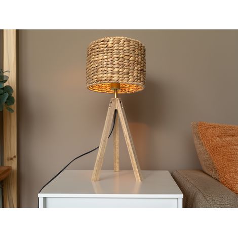 Große Tischlampe mit Holz Dreibein & E27 Schirm Wasserhyazinthe, Höhe 57cm (1/5)