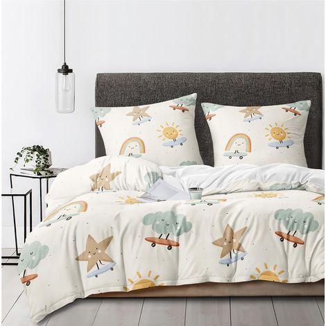 Parure de lit douce pour enfant avec housse de couette de 135 x 200 cm et 1 taie d'oreiller de 80 x 80 cm, motif arc-en-ciel (1/5)