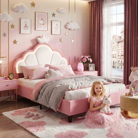 Creahappy Lit Enfant Rembourré 140x190 cm - Couronne LED RGB - Tissu Velours Style Princesse - Rose et Blanc Tête Réglable (1/5)
