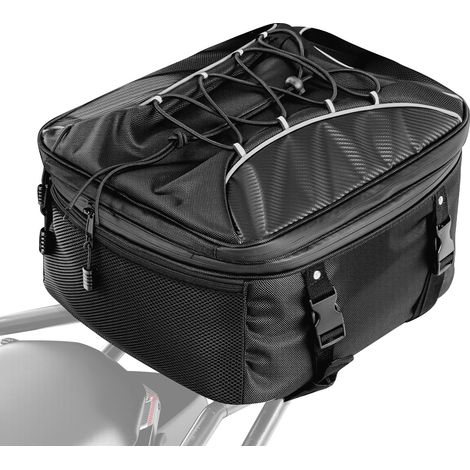 VEVOR Sacoche arriere de moto extensible 22-34 L, sac de selle moto avec housse de pluie impermeable, sac a dos de rangement pour bagages multifonctionnel avec sangles, poche et cordon elastique, noir