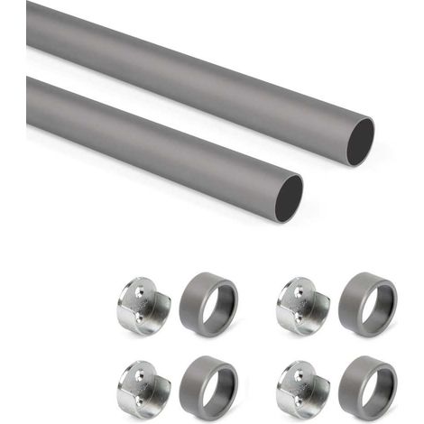 Emuca 7070752 Lot de 2 rails ronds pour armoires D.28mm longueur 0.75m avec supports, Aluminium et Zamak, Titane (1/3)
