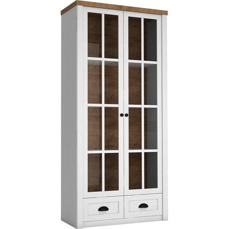 Étagère Ferdore 146, Chêne de Lefkas + Pin Anderson, Avec tiroirs, Avec des portes, Fermé, MDF, Stratifié, Verre, Le nombre de portes: 2, Nombre de tiroirs: 2, 198x90x43cm