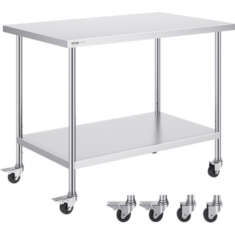 VEVOR Tavolo da Lavoro in Acciaio Inossidabile con 4 Ruote, Tavolo di Preparazione 3 Livelli di Altezza Regolabili, Tavolo da Lavoro Resistente per Cucine Commerciali e Ristoranti, Argento (1/5)