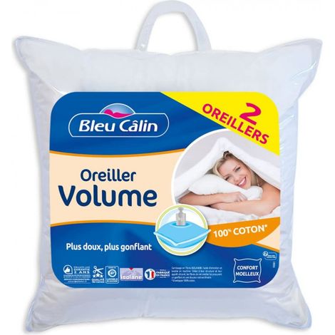 Lot de 2 Oreillers 60 x 60 cm "Super Gonflant Isolane" Bleu Calin - Blanc - (1/5)