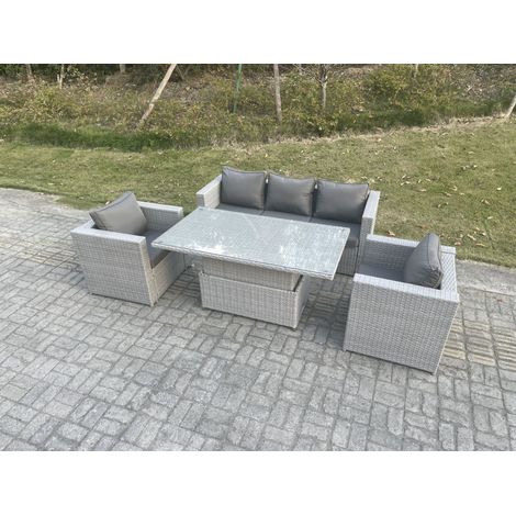Fimous Polyrattan Essgruppe Gartenmöbel Set Höhe verstellbar Esstisch Set mit Sofa 2 Sessel Helles Grau (1/5)