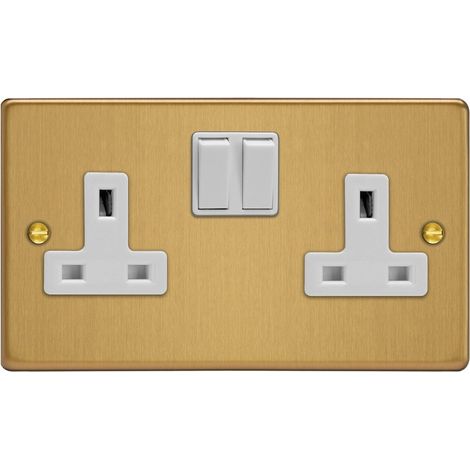 Varilight 2-Gang 13A Double-Pole Switched Socket Brushed Brass Metal-Clad with Brown Insert