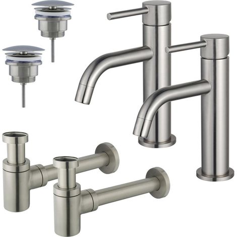 FugaFlow Eccelente Sobrado Slim Kit robinet lavabo - pour double vasque - robinet bas - bonde non-obturable - siphon design bas - Inox brossé PVD (1/4)