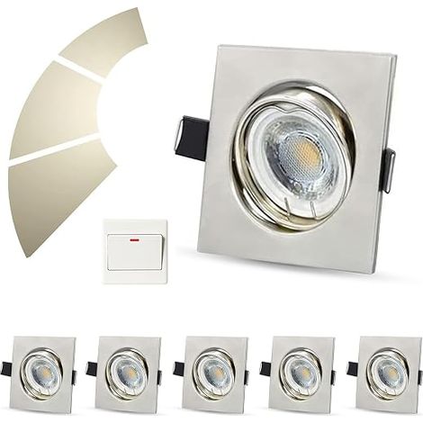 Spots LED Encastrables Carrés 230V Lot de 6, Extra Plats 6W Blanc Chaud, Orientables Ø68 mm, Spots LED Plafond pour Salon Cuisine (1/5)