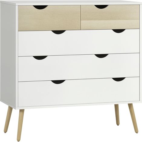 Commode 5 tiroirs rangement 99 x 39 x 101 cm tiroirs spacieux dispositif anti basculement scandinave épuré en MDF blanc (1/5)