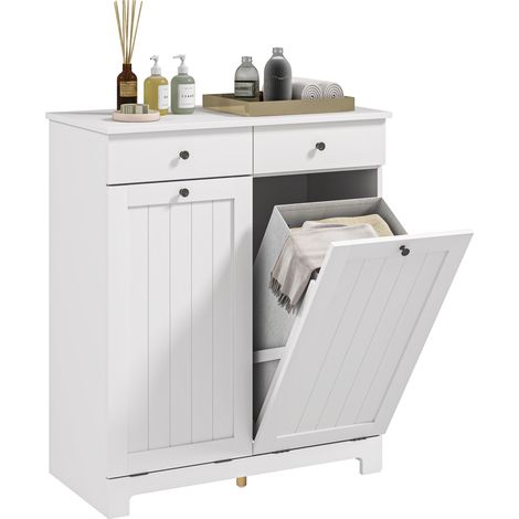 Armario de baño con 2 cestas de ropa extraíbles, 2 cajones y 2 puertas abatibles, 78x38x90 cm, blanco. (1/5)