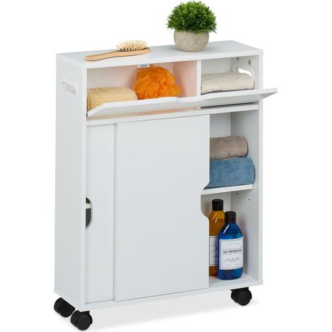 Relaxdays Slim Rolling Cart, Sliding Doors, HWD: 67 x 17 x 52 cm, Bathroom and Kitchen, Narrow Trolley Cabinet, White (1/5)