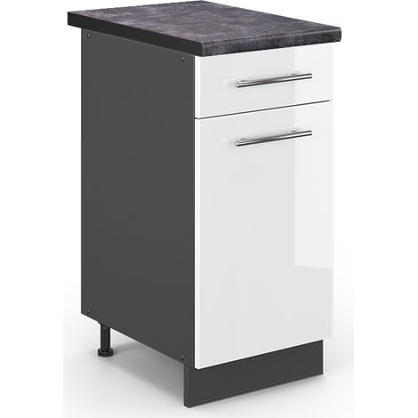 Mueble bajo de cocina Fame-Line, Blanco alto brillo, 40 cm , ET Antracita, Vicco