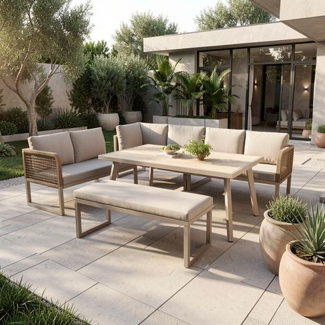 URBAN MEUBLE Salon De Jardin 6-8 Personnes En Rotin Pe Beige Avec Table Et Banc Intempéries, Coussins Épais (1/5)