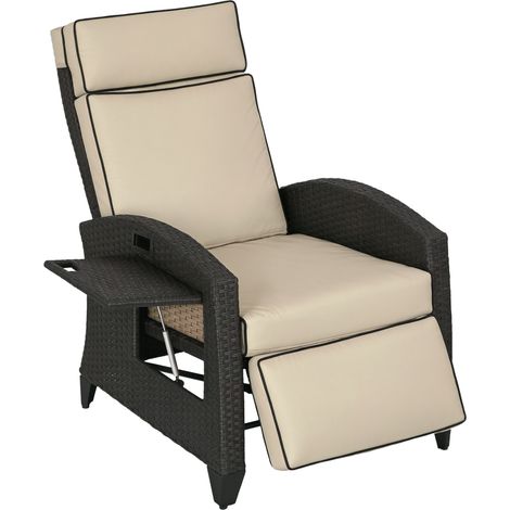 Outdoor Recliner Chair with Adjustable Backrest and Footrest, Cushion, Side Tray, Khaki/Brown