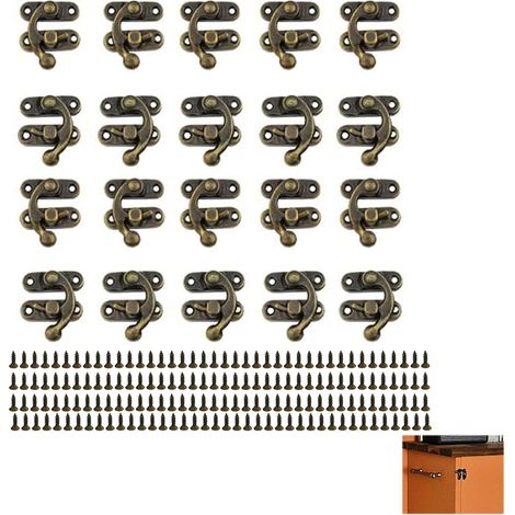 Set di 20 ganci di chiusura in bronzo, ambidestri, per scatole di legno, con chiusura a corno in metallo e viti, adatto per portagioie e scatole per vino. (1/5)