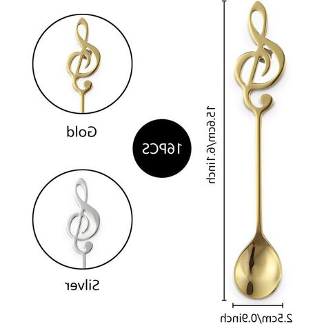 Juego de 16 cucharillas de té con forma de nota musical,Cucharas de postre de acero inoxidable para café (1/5)