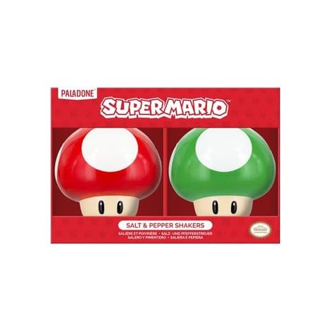 SUPER MARIO BROTHERS SALIÈRE ET POIVRIÈRE EN FORME DE CHAMPIGNON SOUS LICENCE OFFICIELLE NINTENDO ROUGE ET VERT 1 PIÈCE EN CÉRAM