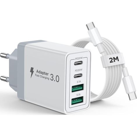 Chargeur iPhone, 40W 4 Port Chargeur USB C Rapide Multiple Prise USBC avec 2m Cable USB C pour iPhone 16 15 Pro Max Plus 16e iPad, Samsung, Adaptateur Secteur Type C avec 60W Cable C vers C (1/5)