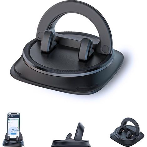 Support de téléphone universel pour voiture, rotation à 360°, fixation tableau de bord, silicone antidérapant, compact et réglable, noir (1/5)