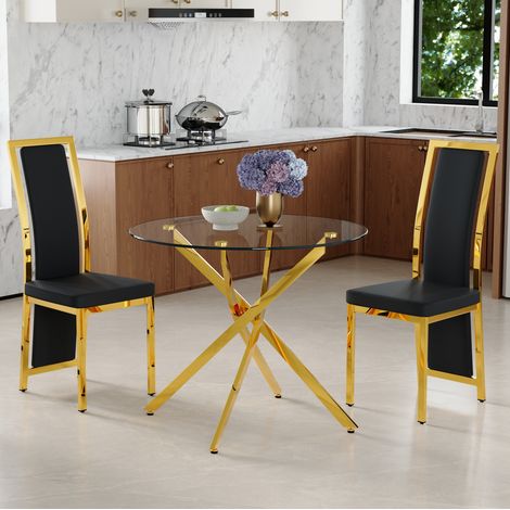 Ensemble table ronde en verre trempé 88 cm et 2 chaises PU noires, structure dorée (1/5)