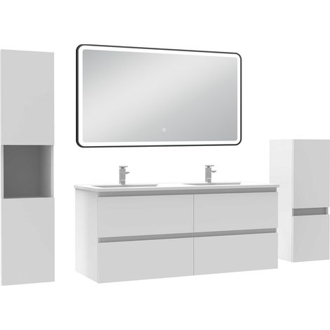 Acezanble Meuble salle de Bain 120cm avec colonne + miroir mural lumineux 3 couleurs blanc