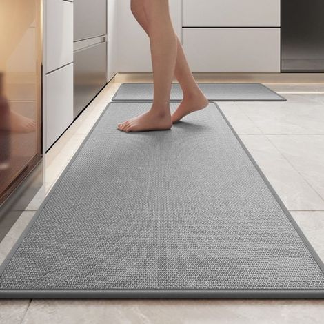 Tapis de cuisine antidérapant, lot de 2, lavable, tissé, confortable, facile d'entretien, pour la cuisine, anti-poussière, paillasson, évier, salon (45 x 70 cm + 45 x 150 cm) - Gris tissé élégant (1/5)
