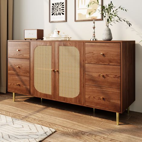 Buffet en rotin avec 6 tiroirs et 2 portes– pour cuisine, salon ou salle à manger – design naturel et moderne, marron (160x40x90cm) (1/5)
