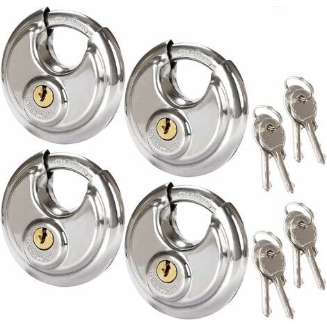 Lot de 4 Cadenas Circulaires de Sécurité, 70MM Cadenas Rond en Acier Inoxydable, Cadenas à Disque Résistant à la Rouille pour les Remises, les Garages, les Remorques