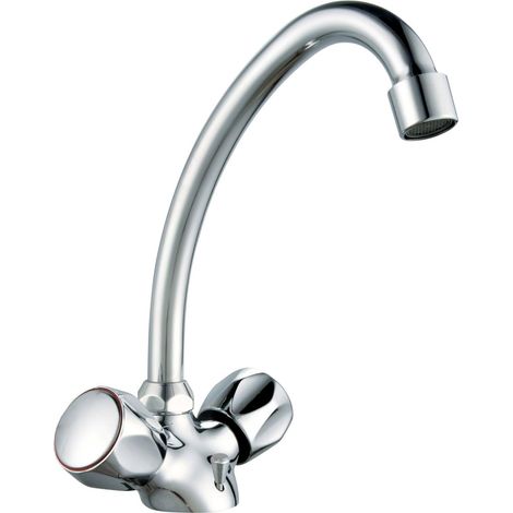 Mitigeur de lavabo, robinet en laiton à bec mobile, poignées métal, 242 mm (H) x 155 mm (saillie), chromé