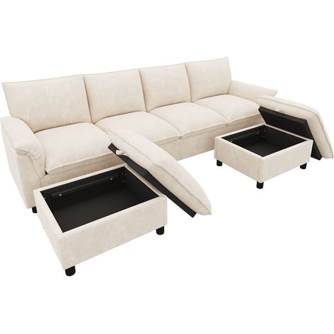 Divano modulare a U in ciniglia beige con 2 pouf mobili, design deep seat, 264,5 x 142,5 x 84 cm (1/5)