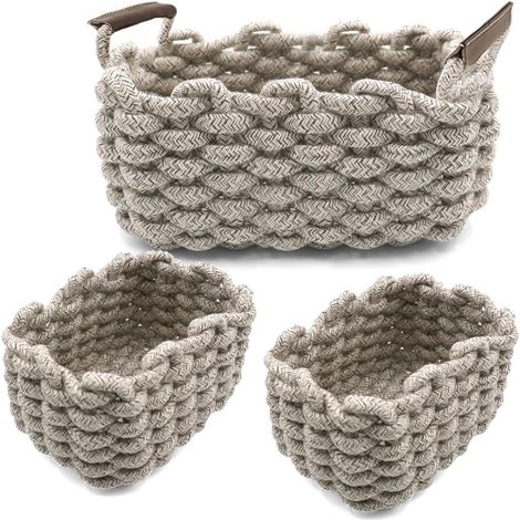 Panier de Rangement en Corde de Coton Organisateurs de Paniers de Rangement Rectangulaires Naturels DéCoratifs Pour Chambre de BéBé, Chambre à Coucher, Salon, Gris 2, Lot de 3