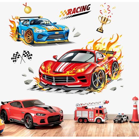 Stickers Muraux 3D Voiture de Course Autocollant Mural Véhicules Drapeaux Décoration Murale Garçon Chambre Enfants Salle de Jeux (1/5)