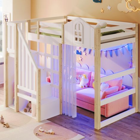 Letto a soppalco stile castello 90x200 cm in pino bianco+naturale con testiera a finestra, LED, scala contenitore e garza (1/5)