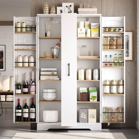REDOM -Meuble de cuisine – 150 × 78 × 40 cm – Avec porte-épices – Élément coulissant vertical à 4 niveaux avec étagères réglables – Blanc (1/5)