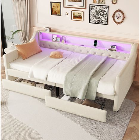 Sofá cama 90 x 200 cm con 2 cajones, luz LED con mando, puerto USB, beige HAVRYA (1/5)